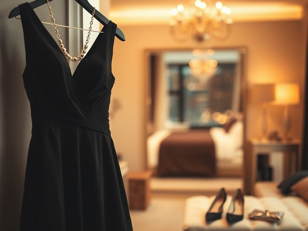 Czarna wieczorowa sukienka z złotą biżuterią, metaliczną kopertówką i szpilkami, gotowa na eleganckie wyjście.