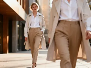 Kobieta w kremowej jedwabnej bluzce i brązowych spodniach z wysokim stanem, prezentująca elegancką stylizację na ulicy.