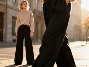 Elegancka 70-latka wybiera jedwabną bluzkę w nowoczesnym butiku. Jasne wnętrze i pastelowa kolorystyka podkreślają stylizację.