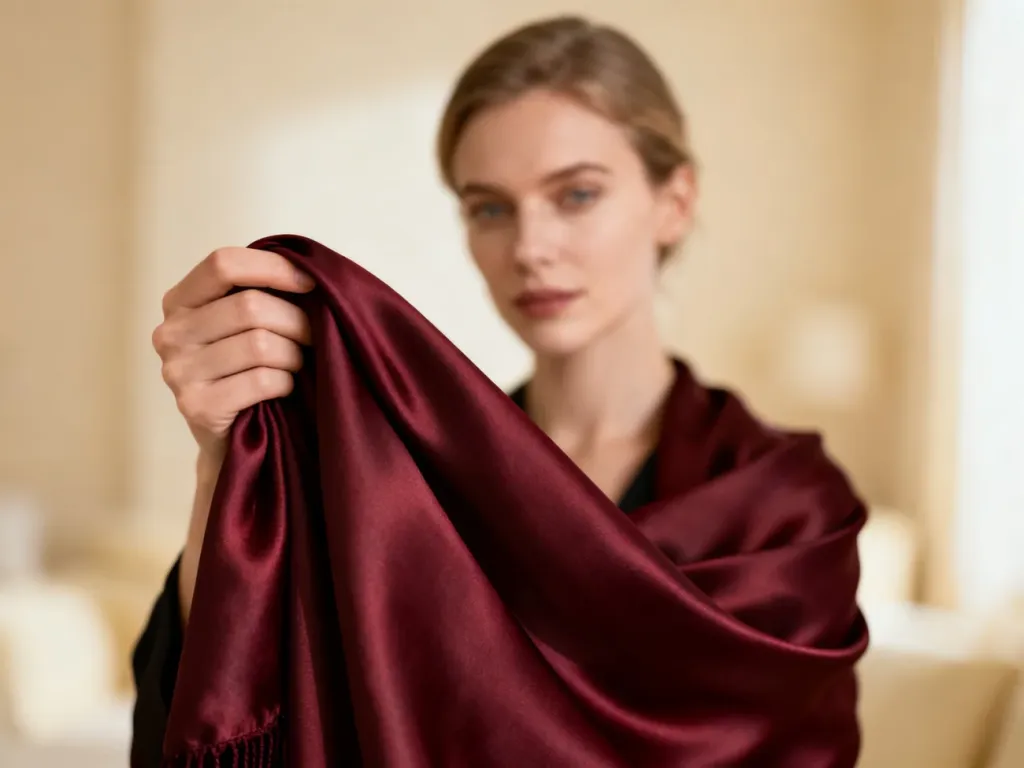 Elegancka kobieta trzymająca bordowy jedwabny szal na tle minimalistycznego, beżowego wnętrza.