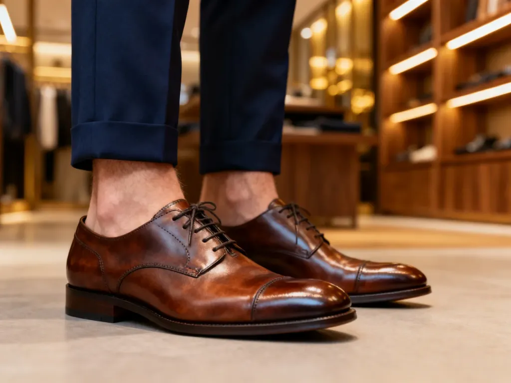 Eleganckie brązowe buty typu oksford zestawione z granatowymi spodniami w nowoczesnym butiku.